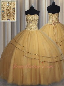 Gold Tulle Quinceanera Prom Pageant Ball Gown 2023 Custom Made Plus Size Free