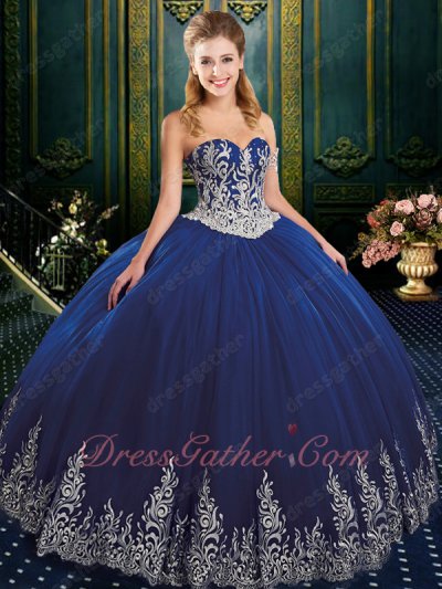 Western Quinceanera Ball Gown Dark Royal Blue Gauze Dress Silver Embroidery