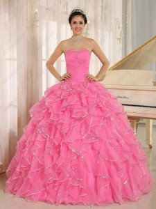 Sparkling Silver Sequin Edge Rose Pink Ruffles Annual Evening Prom Ball Gown