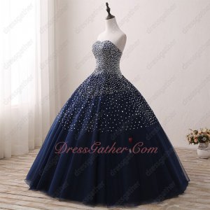Fascinating Navy Blue Bulgy Tulle Quinceanera Court Gowns Sewn Ablaze Silver Beading