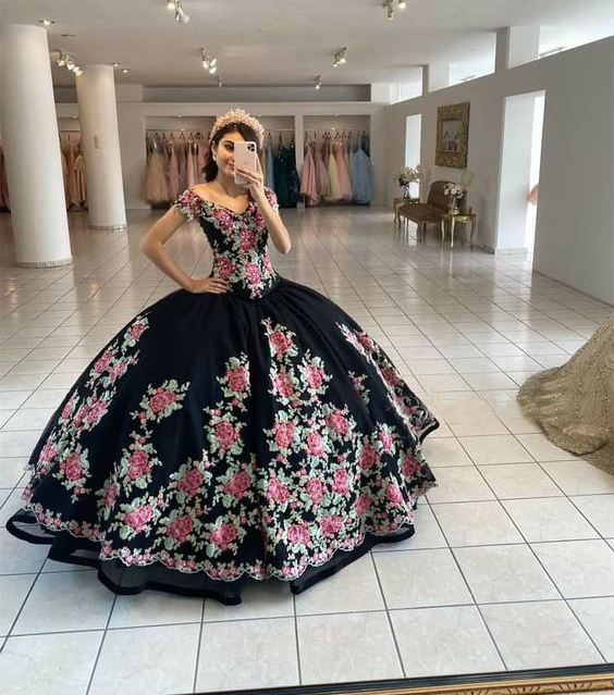 Off Shoulder Cap Sleeves Floor Length Rose Floral Quinceanera Dress Charra