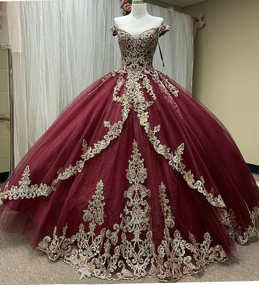 Off the Shoulder Gold Applique Burgundy Sweet 16 Dress For Quinceanera Wear - Click Image to Close