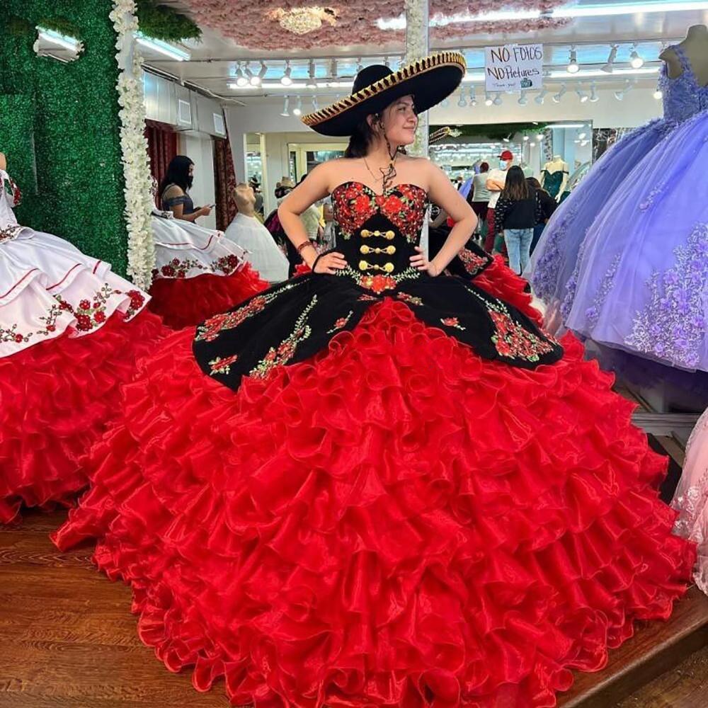 Rose Floral Mexican Charro Black and Red Ruffles Quinceanera Dress Medal Medallions - Click Image to Close