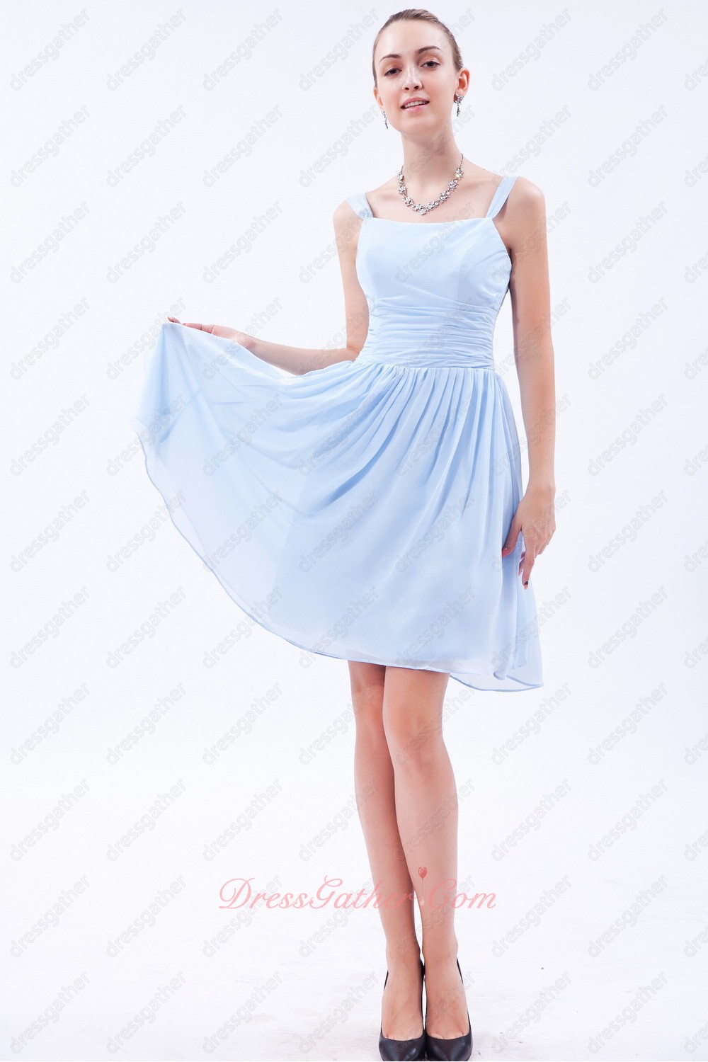 Square Neck Dual Straps Baby Blue Chiffon Short Bridesmaid Dress Young Lady - Click Image to Close