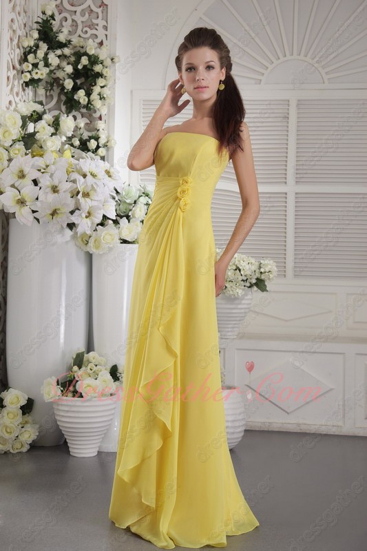 Bright Yellow Strapless Long Puberty Bridesmaid Dress Hand Made Flowers Side Decorate - Click Image to Close