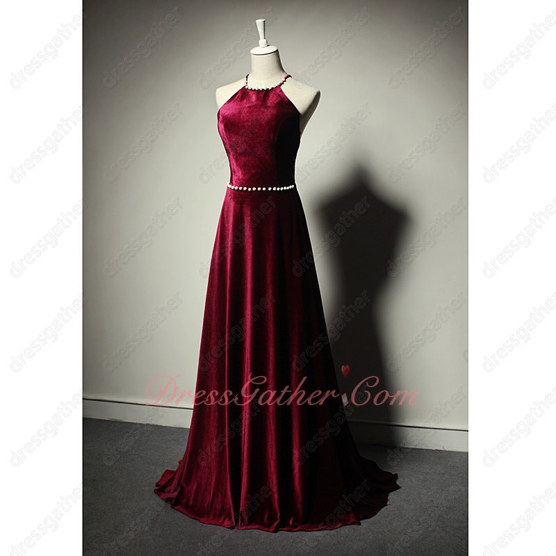 Pearls Decorated Peter Pan Collar Cross Back Wine Red Velvet Dresses Stores - Click Image to Close