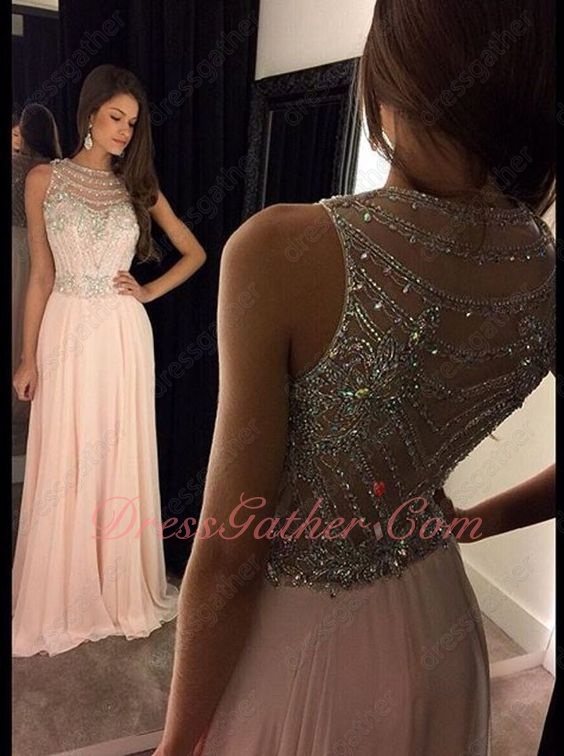 Shiny Beading Bodice Scoop Blush Chiffon Floor Length Stage Show Dress - Click Image to Close