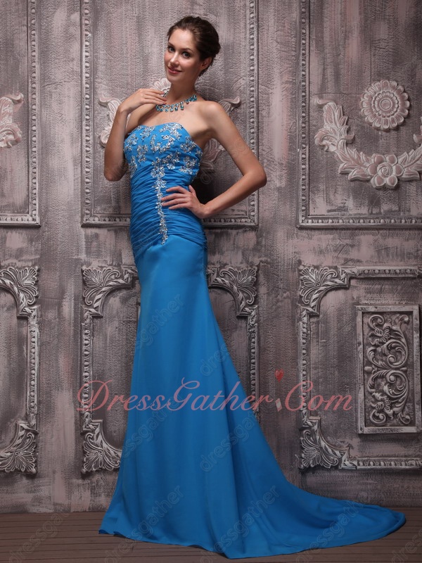 Strapless Azure Blue Chiffon Prom Night Code Evening Dresses With Brush ...