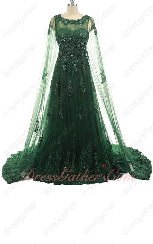 Hunter Green Fully Applique Romantic Prom Dress Cloak From Shoulder To Floor - Click Image to Close