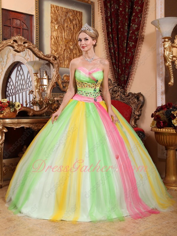 Contrast Color Colorful Spring Green/Hot Pink/Yellow Mingled Quince Ball Gown Tulle - Click Image to Close