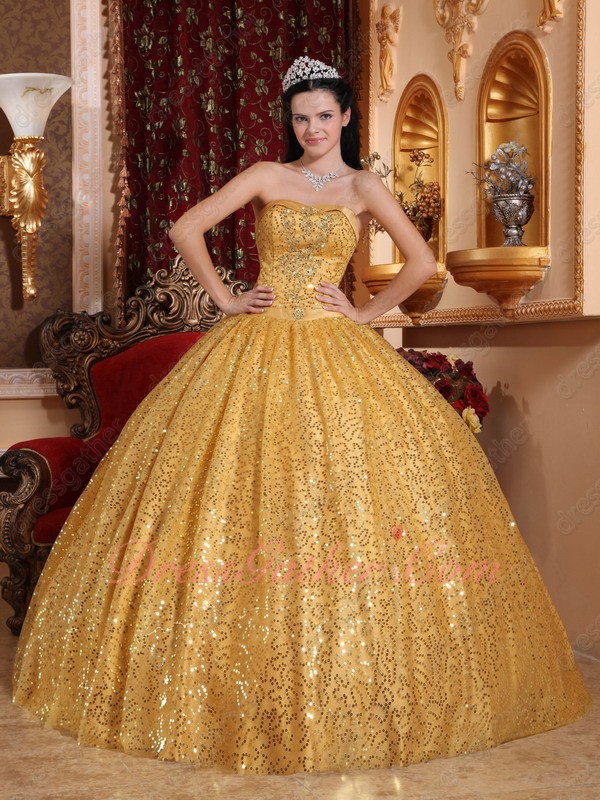 Sparking Golden Sequin Flat Skirt Grand Bustle Quinceanera Evening Ball Gown FL - Click Image to Close